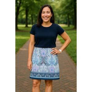 Talbots Paisley Navy Pink Print Cotton Blend Stretch Pencil Skirt - Size 8